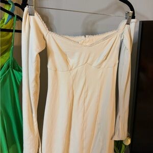 Oh Polly Off-Shoulder Cream Long Sleeve Dress